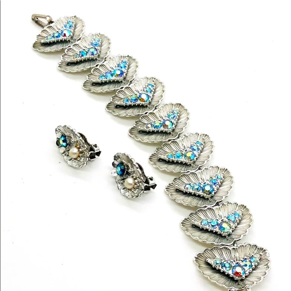 Vintage Deco blue AB rhinestone bracelet Demi set - Picture 9 of 11
